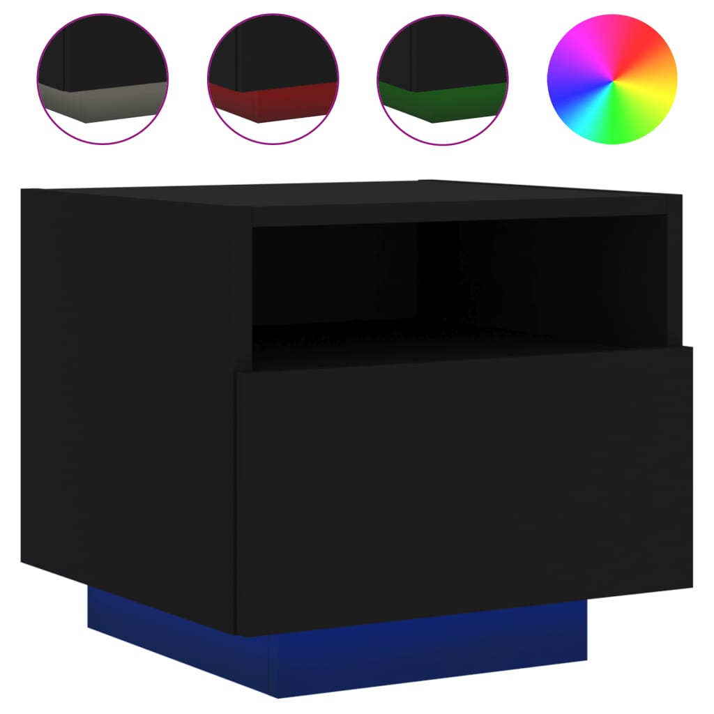 Nattbord med LED svart 40x39x37 cm
