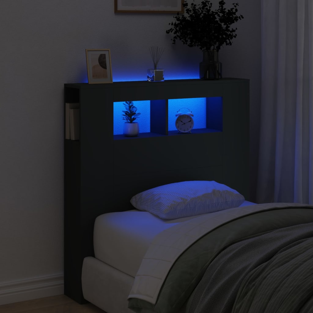 Sengegavl med LED svart 100x18,5x103,5 cm konstruert tre