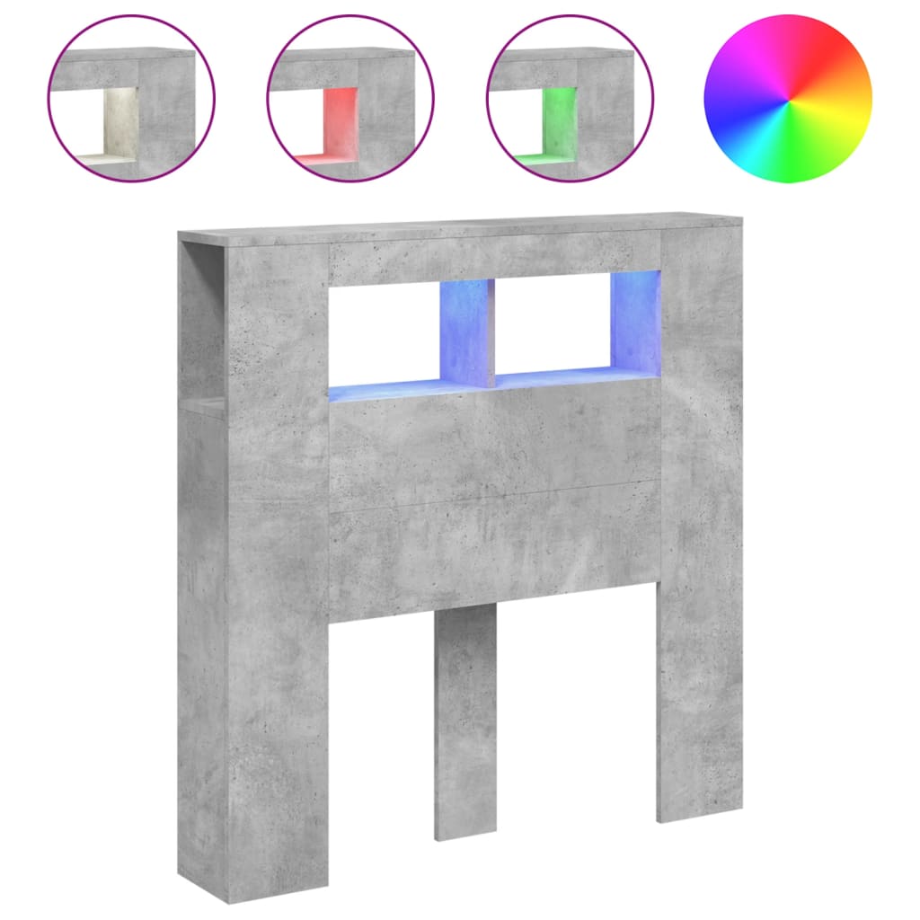 Sengegavl med LED betonggrå 100x18,5x103,5 cm konstruert tre