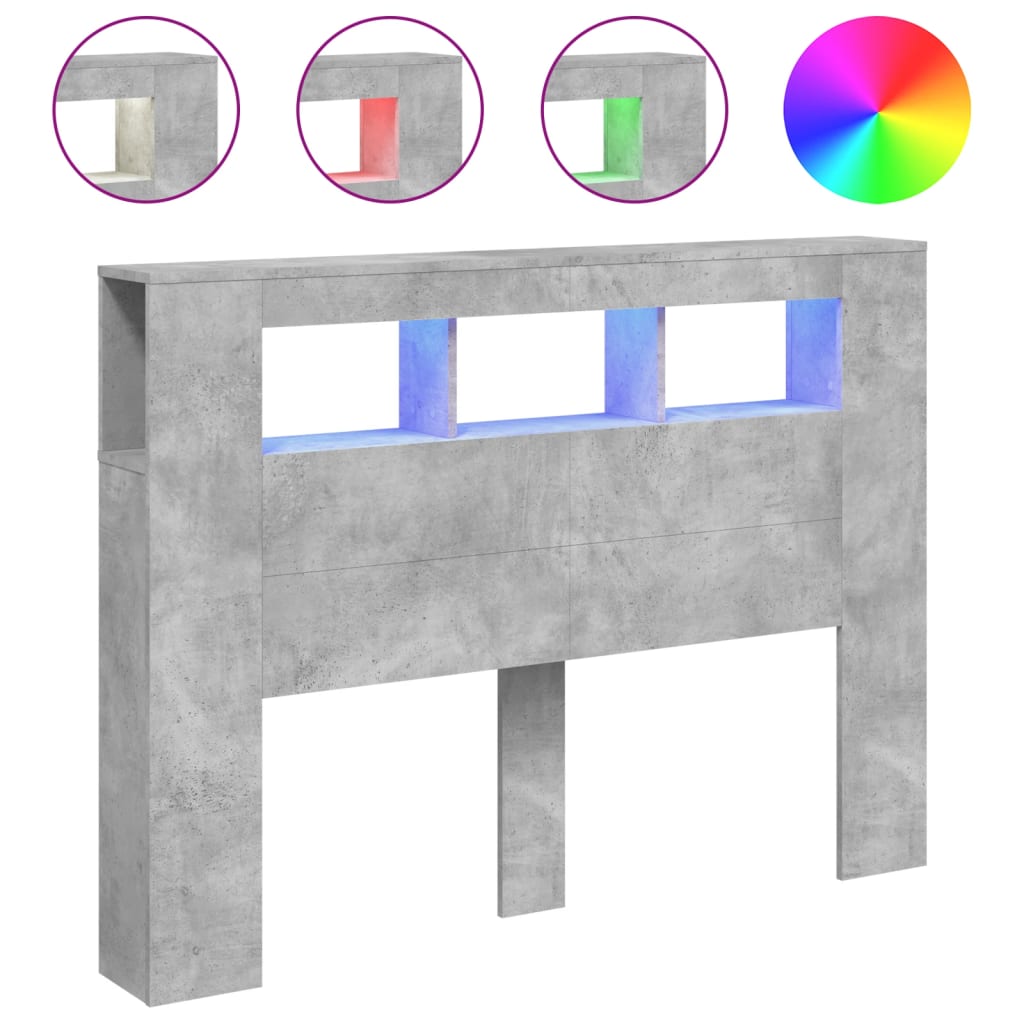 Sengegavl med LED betonggrå 140x18,5x103,5 cm konstruert tre