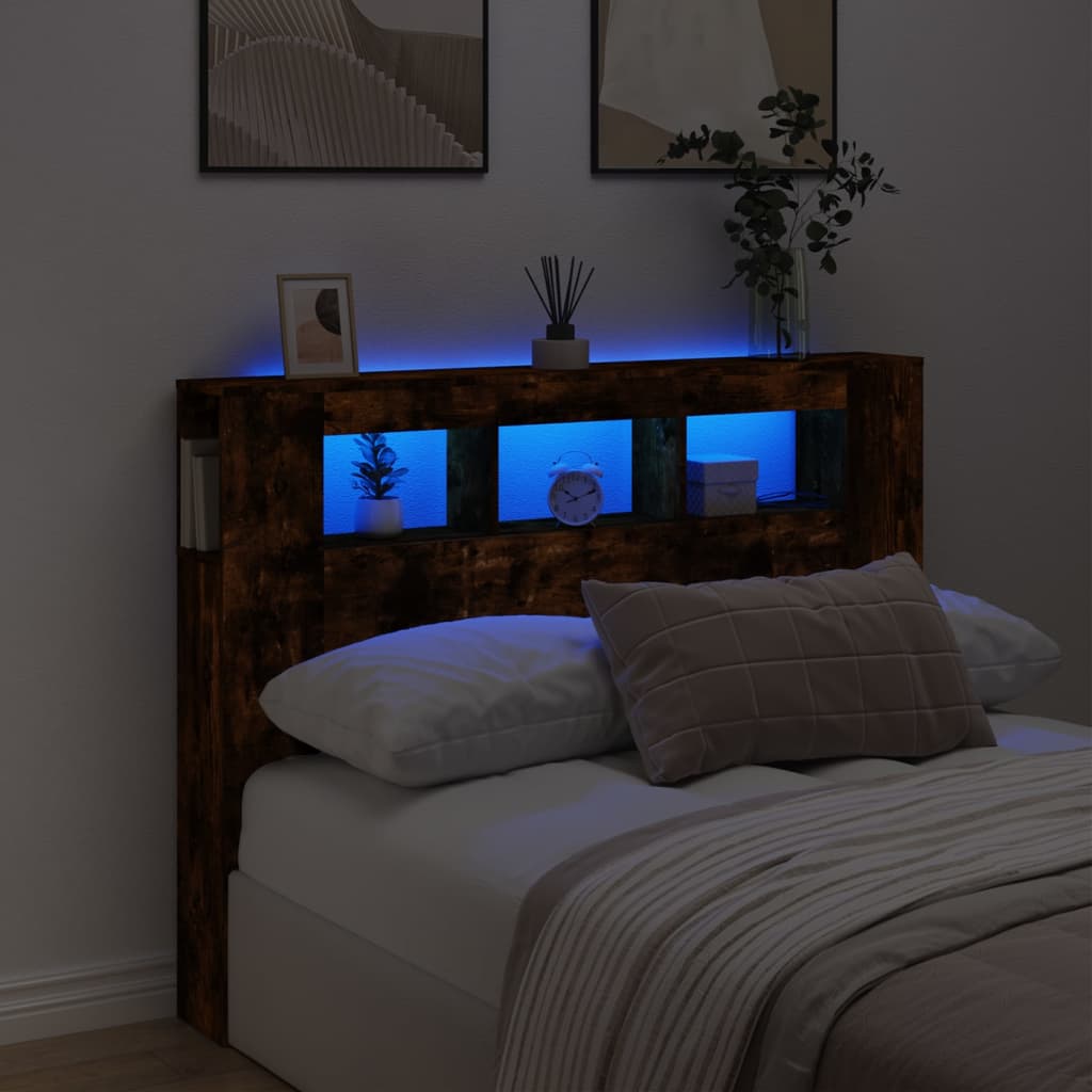 Sengegavl med LED røkt eik 140x18,5x103,5 cm konstruert tre