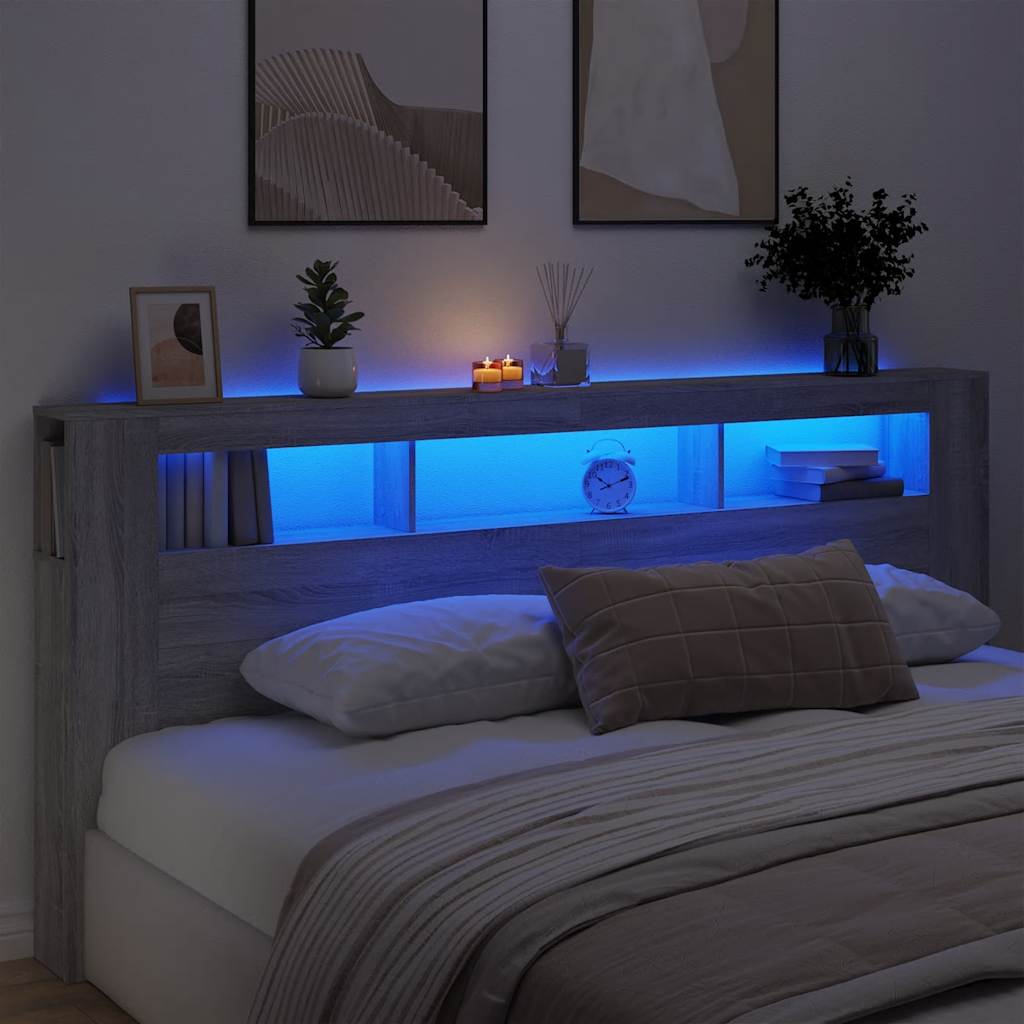 Sengegavl med LED grå sonoma 220x18,5x103,5 cm konstruert tre