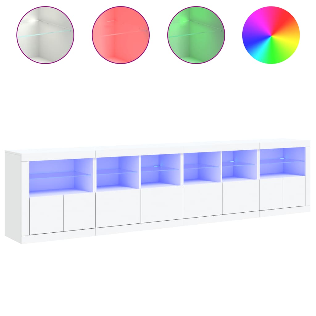Skjenk med LED-lys hvit 283x37x67 cm