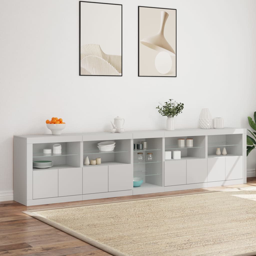 Skjenk med LED-lys hvit 283x37x67 cm