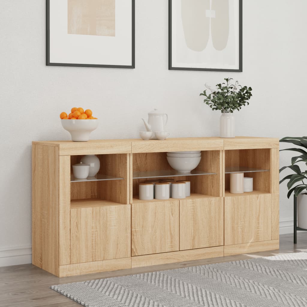 Skjenk med LED-lys sonoma eik 142,5x37x67 cm