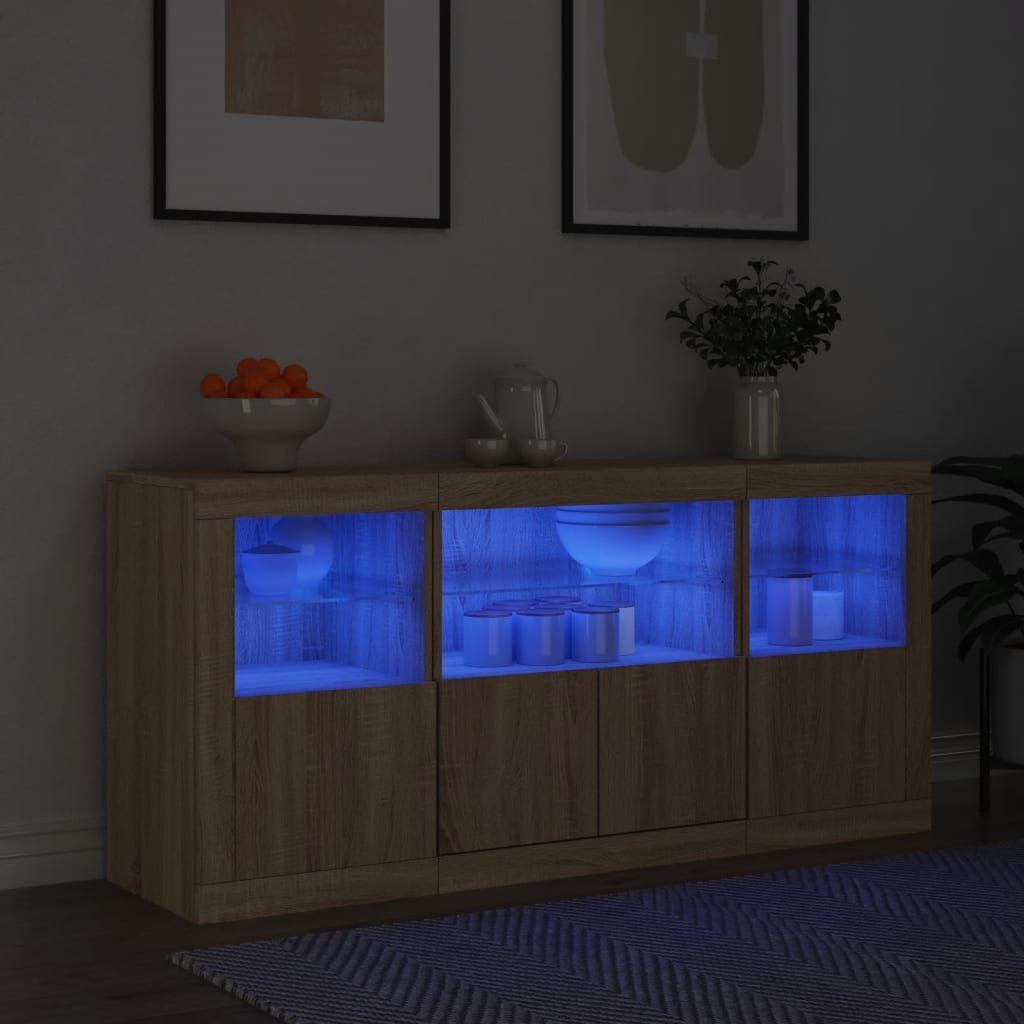 Skjenk med LED-lys sonoma eik 142,5x37x67 cm