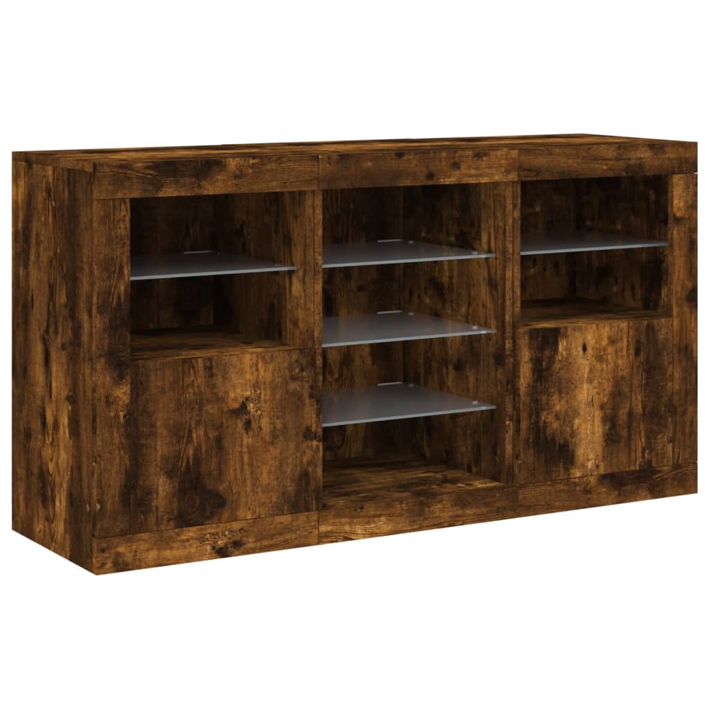 Skjenk med LED-lys røkt eik 123x37x67 cm