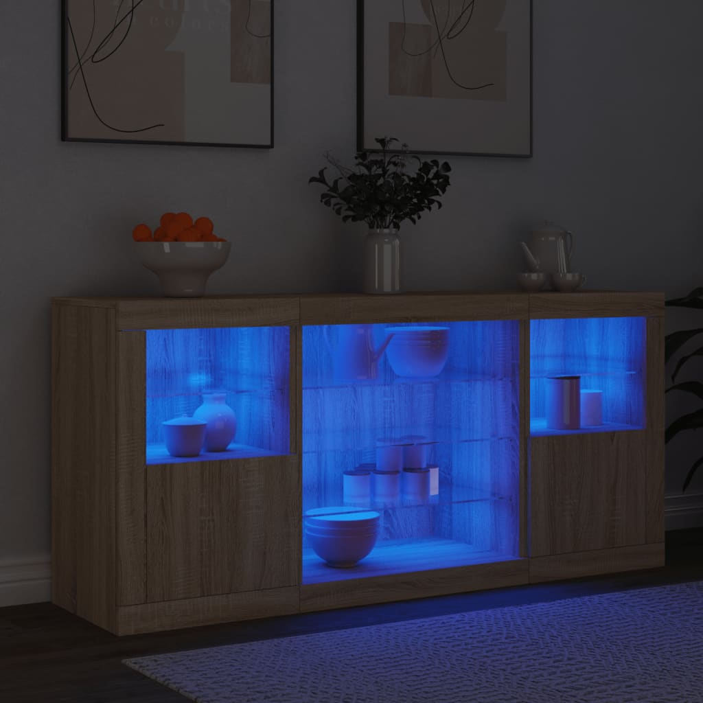Skjenk med LED-lys sonoma eik 142,5x37x67 cm