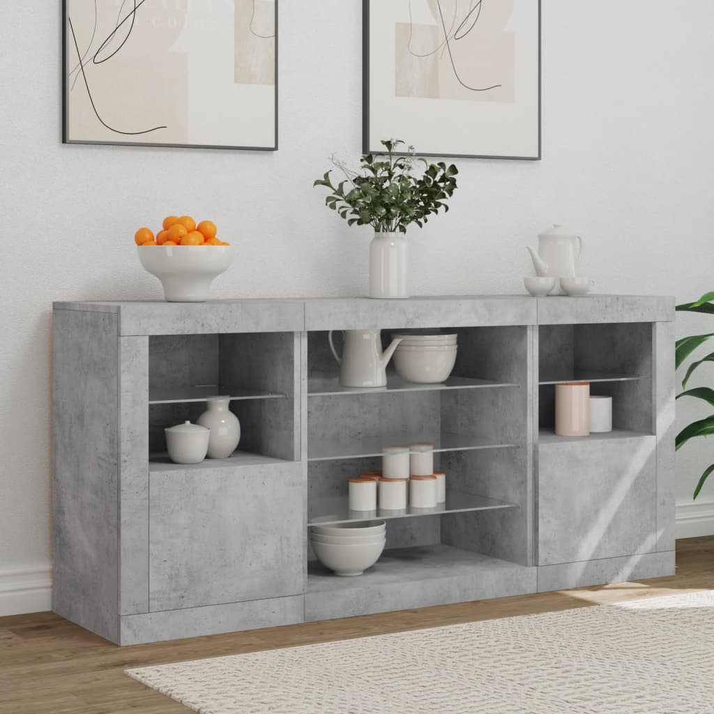 Skjenk med LED-lys betonggrå 142,5x37x67 cm