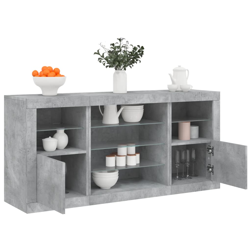 Skjenk med LED-lys betonggrå 142,5x37x67 cm