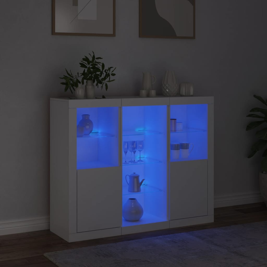 Skjenker med LED-lys 3 stk hvit konstruert tre
