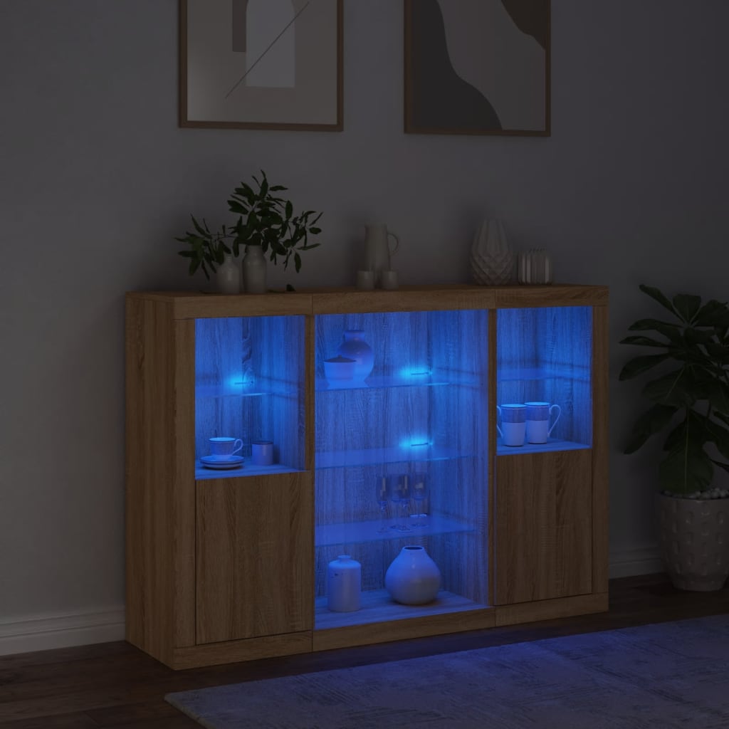 Skjenker med LED-lys 3 stk sonoma eik konstruert tre