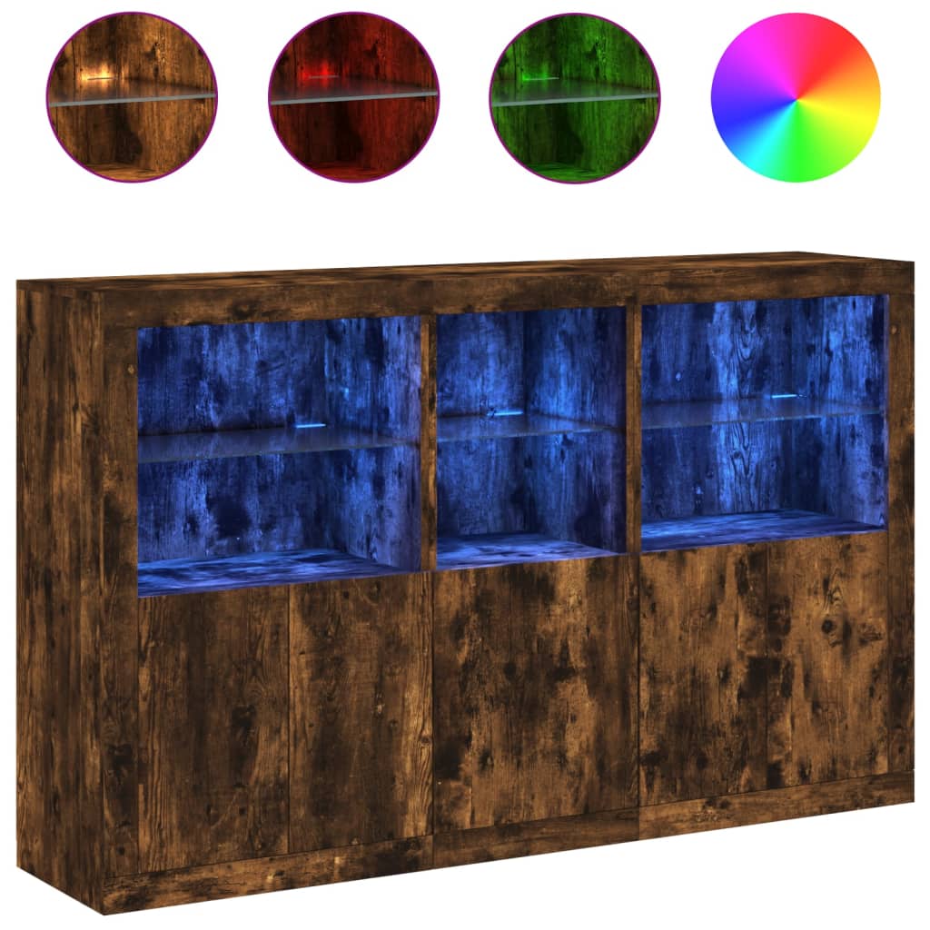 Skjenk med LED-lys røkt eik 162x37x100 cm