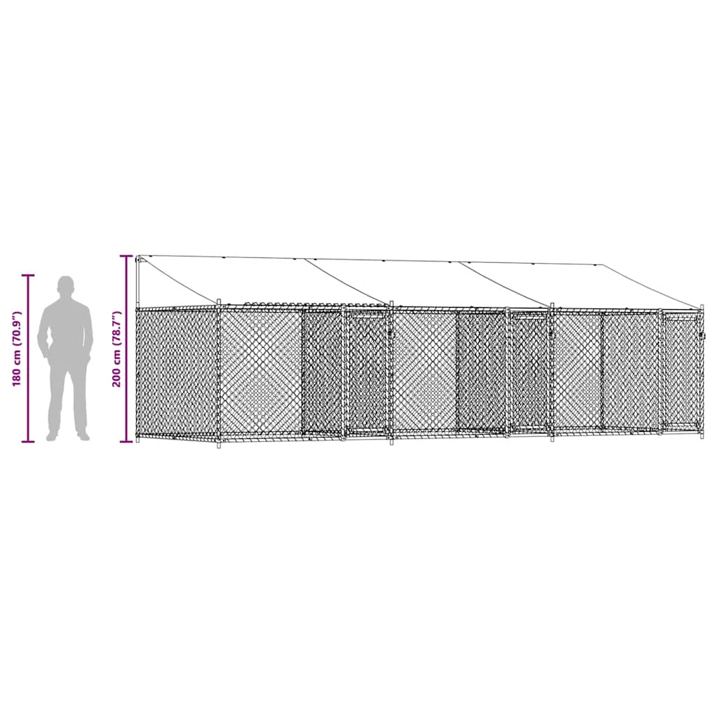 Hundebur med tak og dør grå 6x2x2 m galvanisert stål