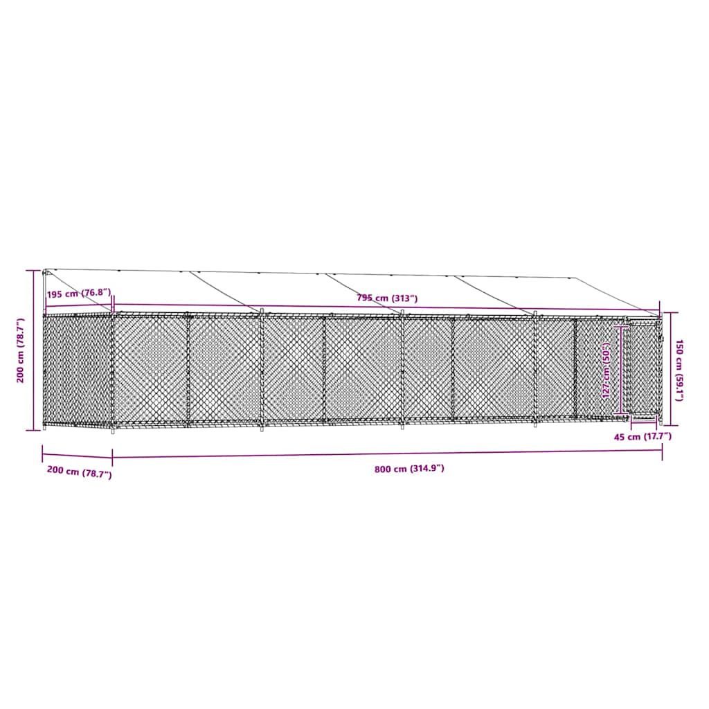Hundebur med tak og dør grå 8x2x2 m galvanisert stål