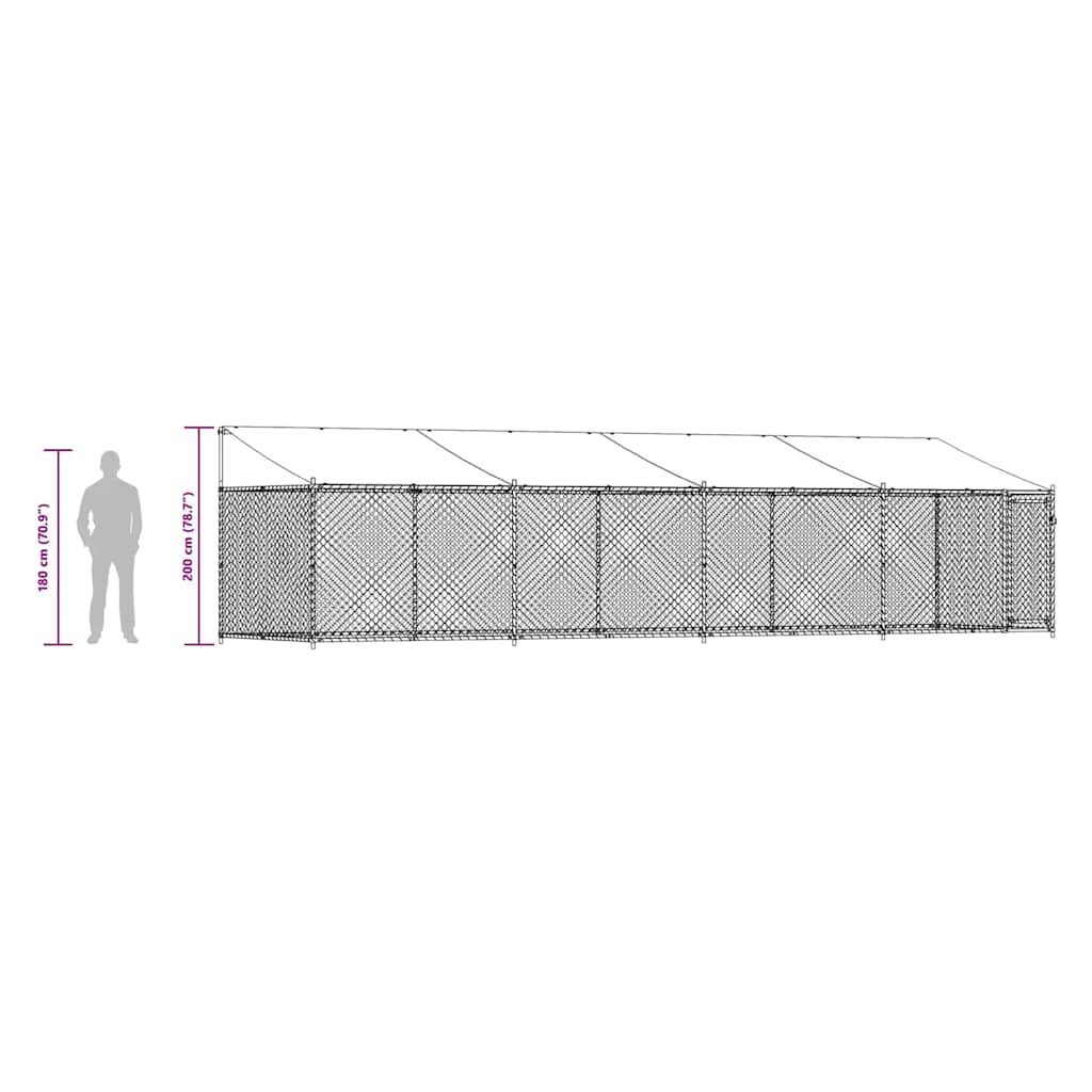 Hundebur med tak og dør grå 8x2x2 m galvanisert stål