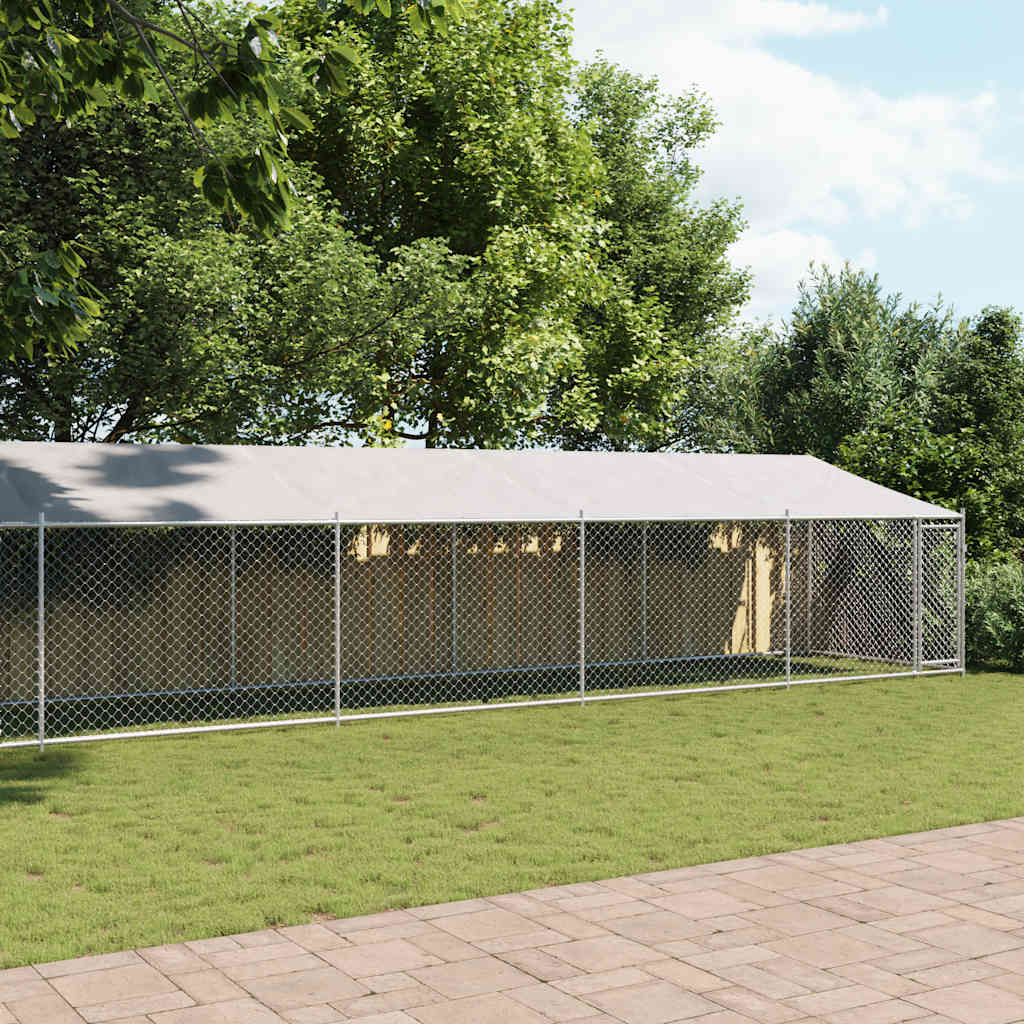 Hundebur med tak og dør grå 12x2x2 m galvanisert stål