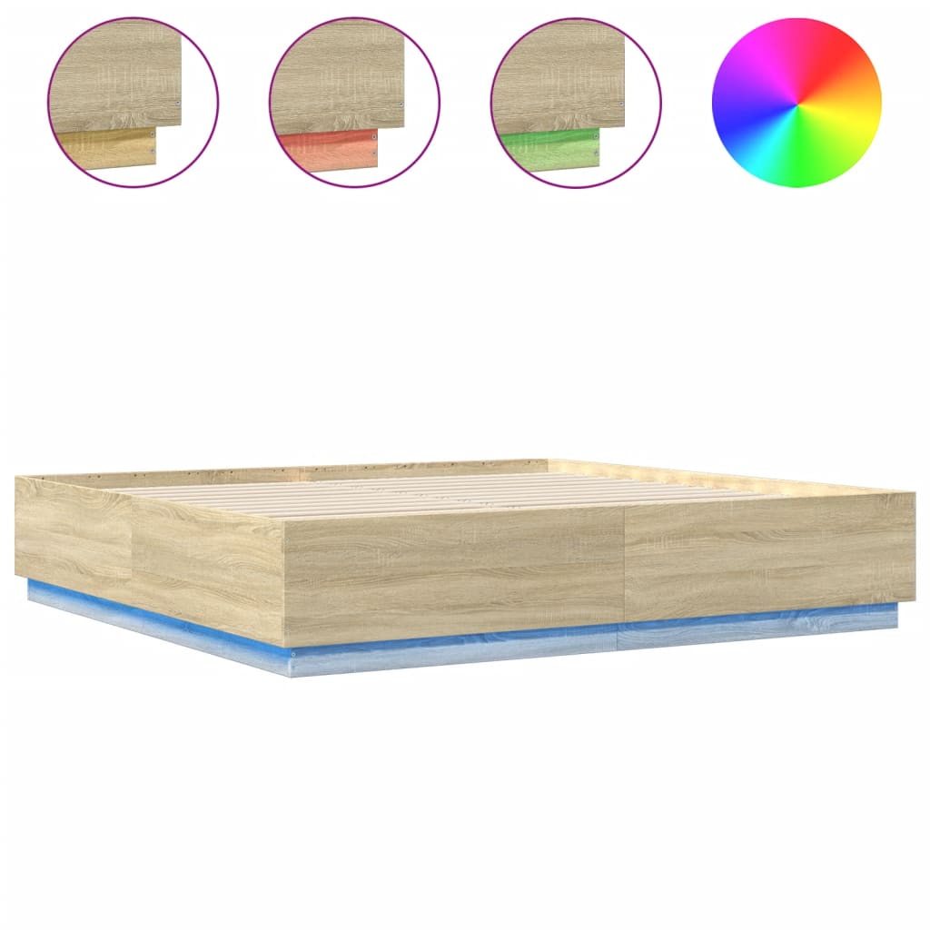 Sengeramme med LED-lys sonoma eik 200x200 cm konstruert tre