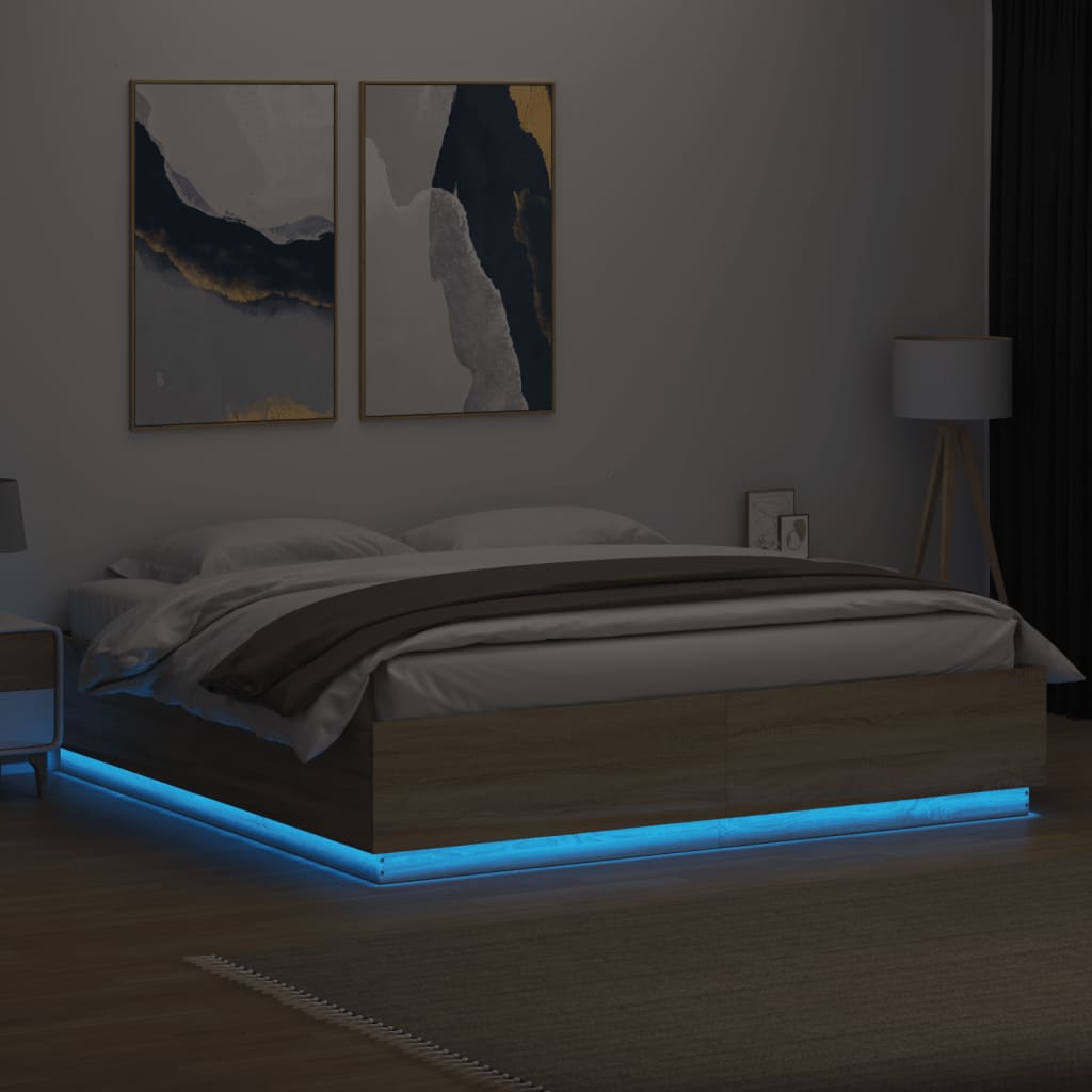 Sengeramme med LED-lys sonoma eik 200x200 cm konstruert tre