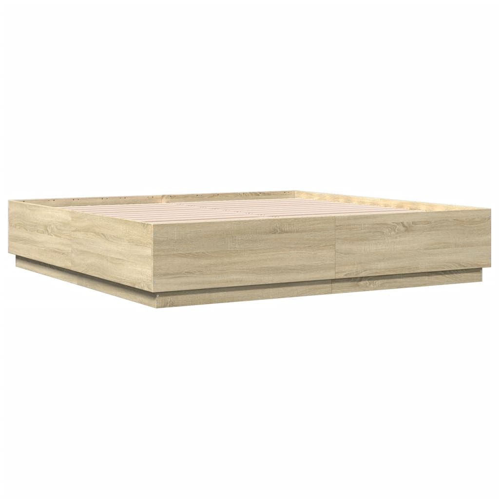 Sengeramme med LED-lys sonoma eik 200x200 cm konstruert tre
