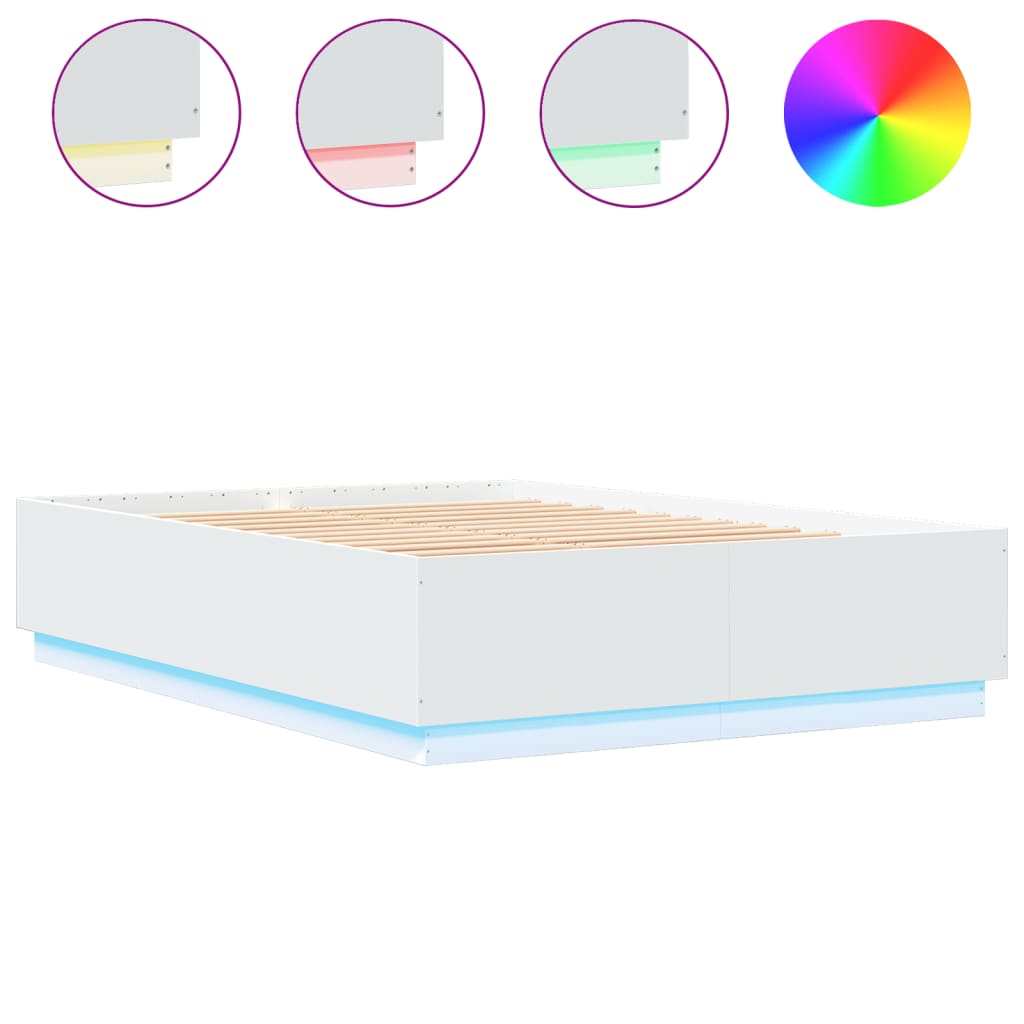 Sengeramme med LED-lys hvit 150x200 cm konstruert tre