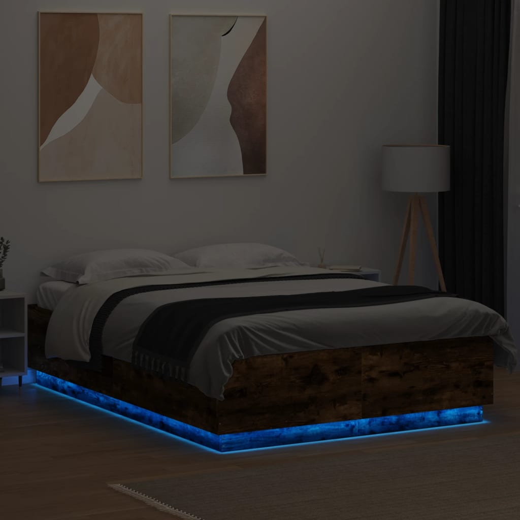 Sengeramme med LED-lys røkt eik 120x200 cm konstruert tre