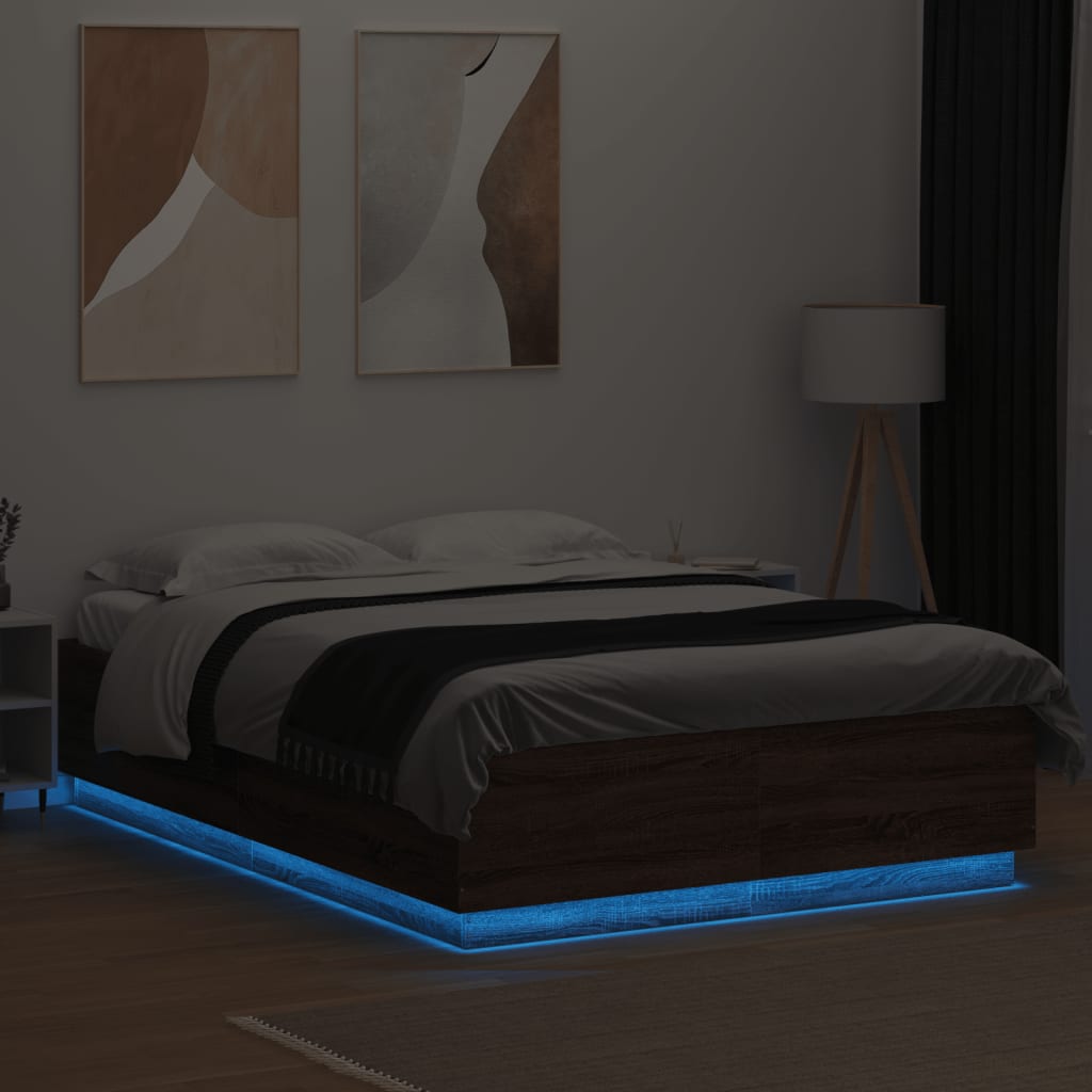 Sengeramme med LED-lys brun eik 120x200 cm konstruert tre