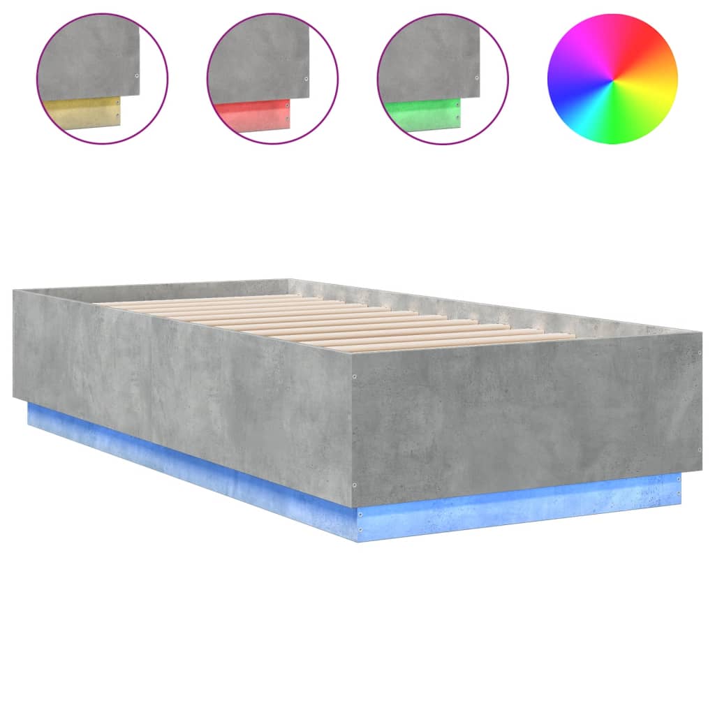 Sengeramme med LED-lys betonggrå 100x200 cm konstruert tre
