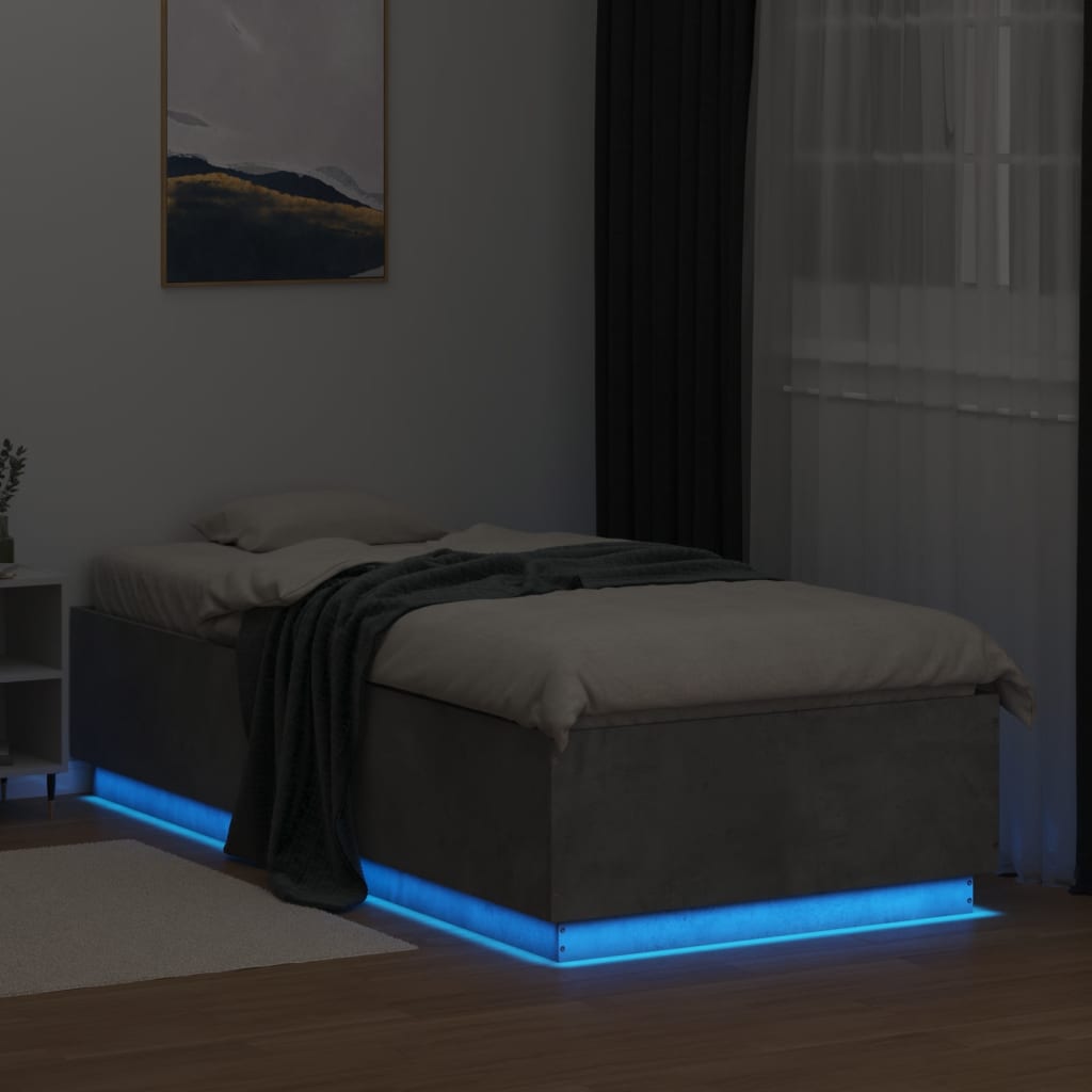 Sengeramme med LED-lys betonggrå 100x200 cm konstruert tre