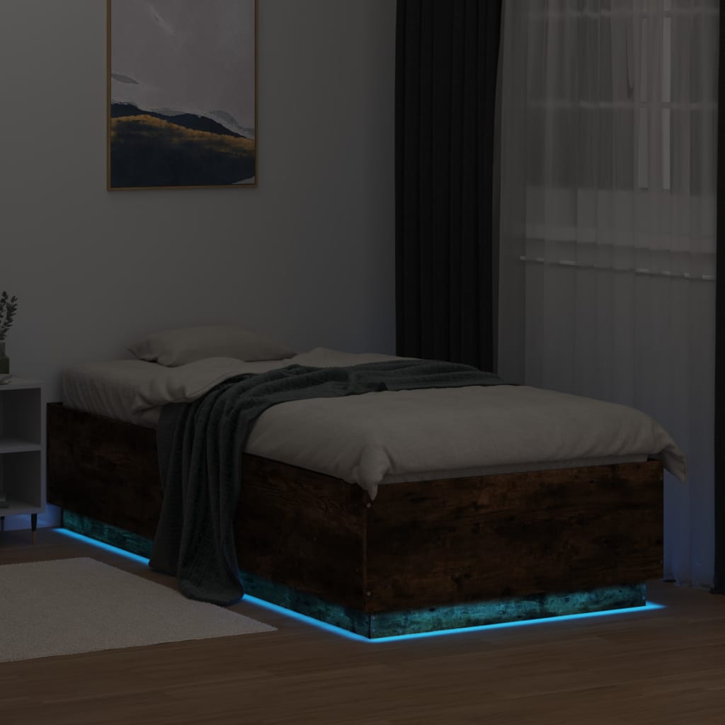 Sengeramme med LED-lys røkt eik 100x200 cm konstruert tre