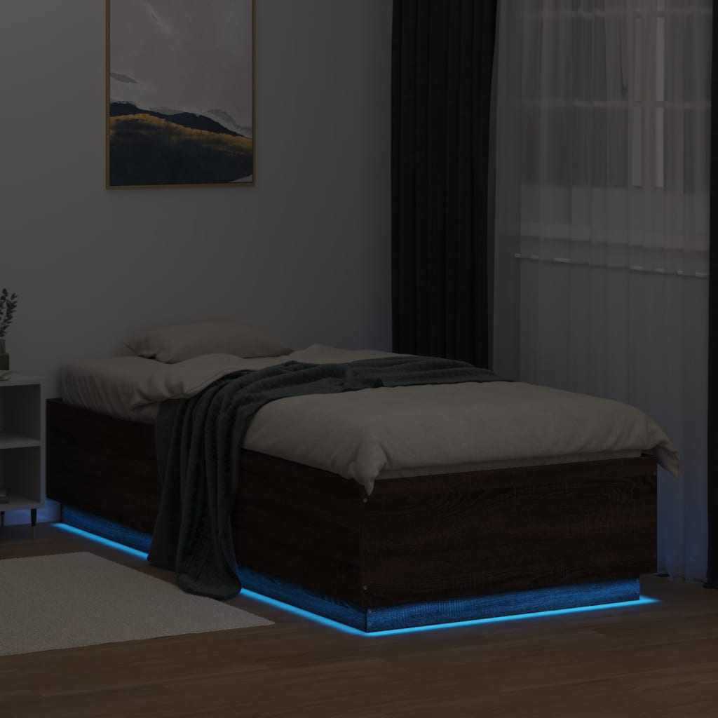 Sengeramme med LED-lys brun eik 90x200 cm konstruert tre