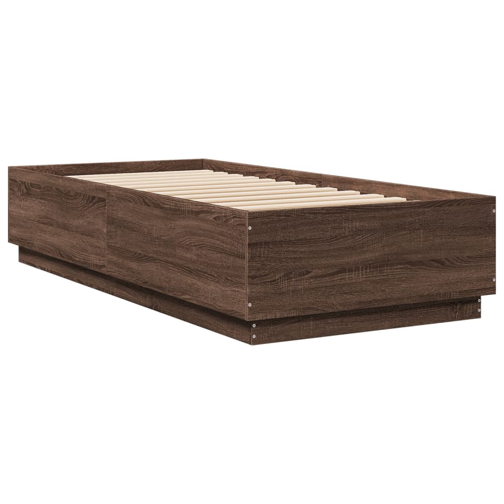 Sengeramme med LED-lys brun eik 90x200 cm konstruert tre