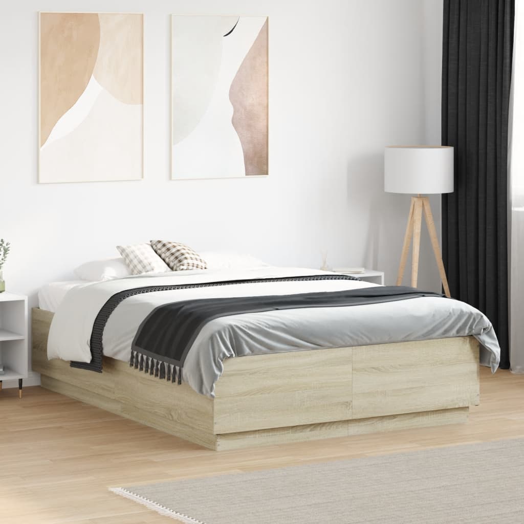 Sengeramme med LED-lys sonoma eik 140x190 cm konstruert tre