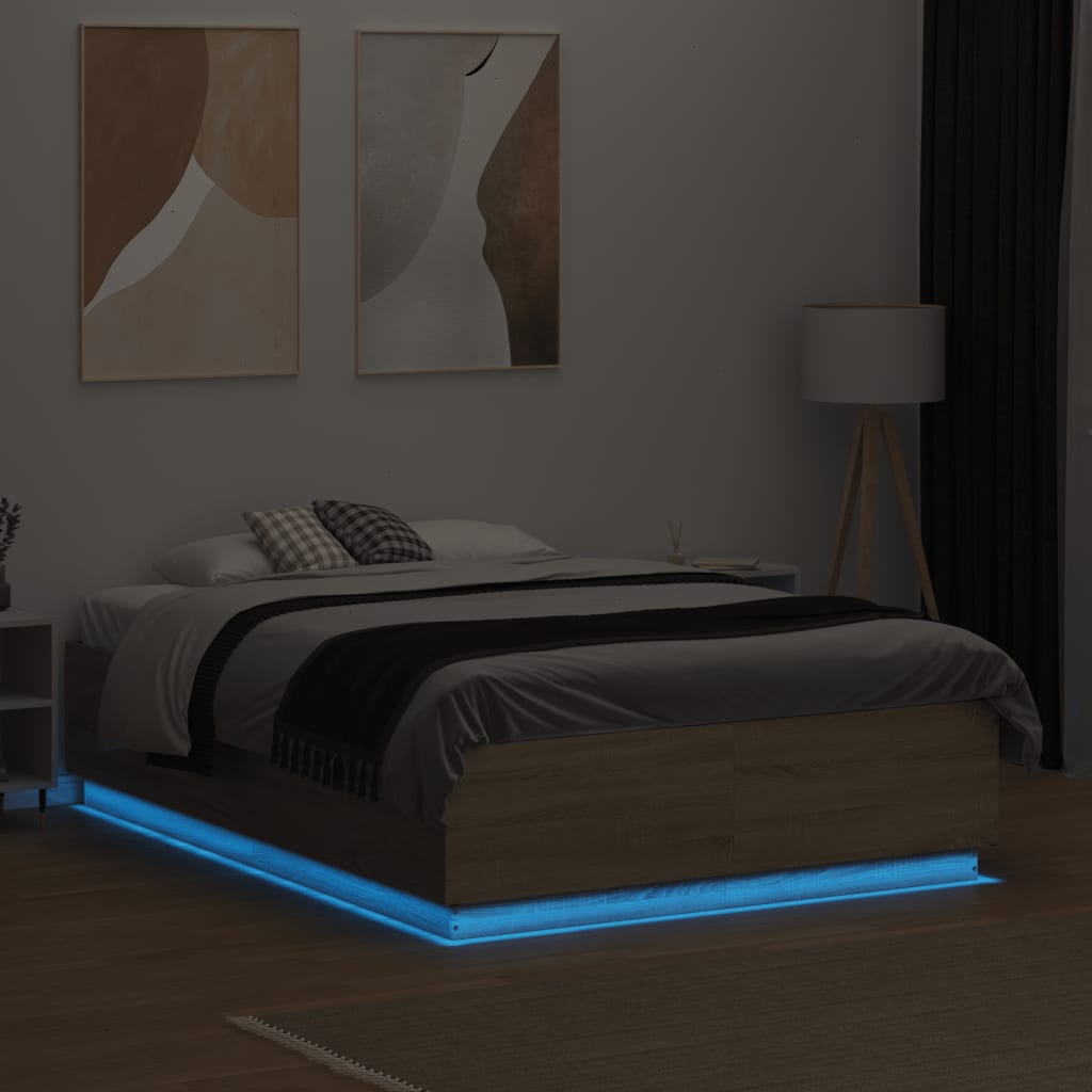 Sengeramme med LED-lys sonoma eik 140x190 cm konstruert tre
