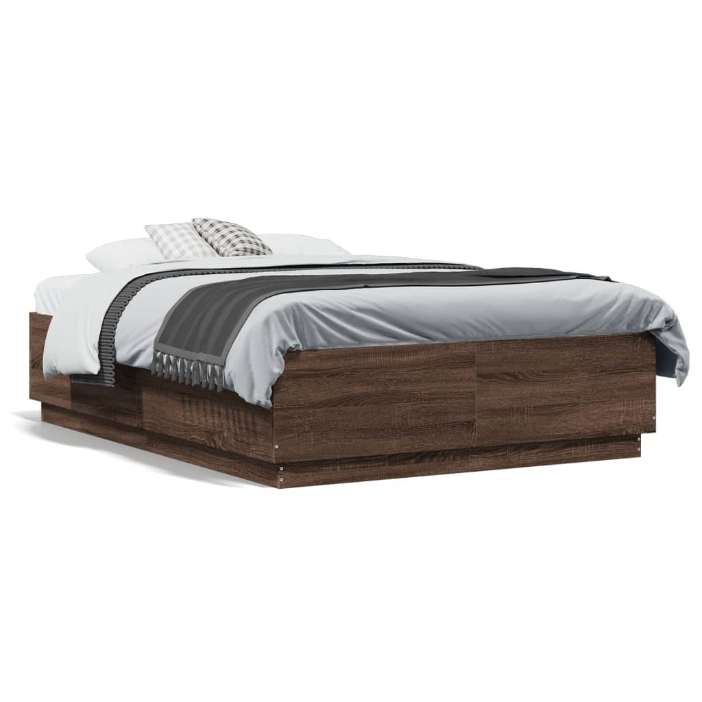 Sengeramme med LED-lys brun eik 135x190 cm konstruert tre