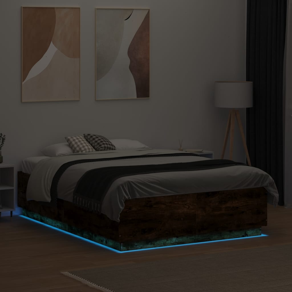 Sengeramme med LED-lys røkt eik 120x190 cm konstruert tre