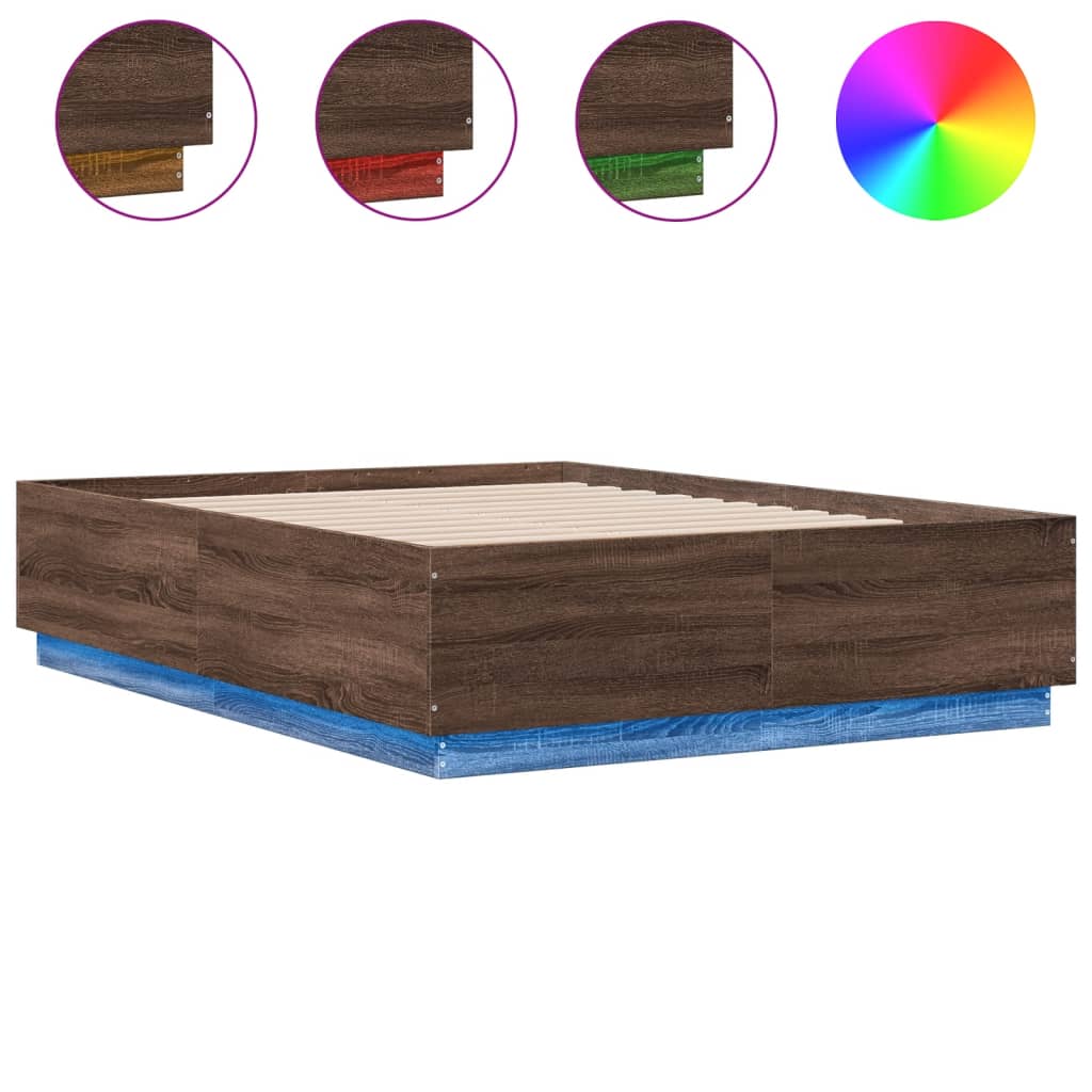 Sengeramme med LED-lys brun eik 120x190 cm konstruert tre