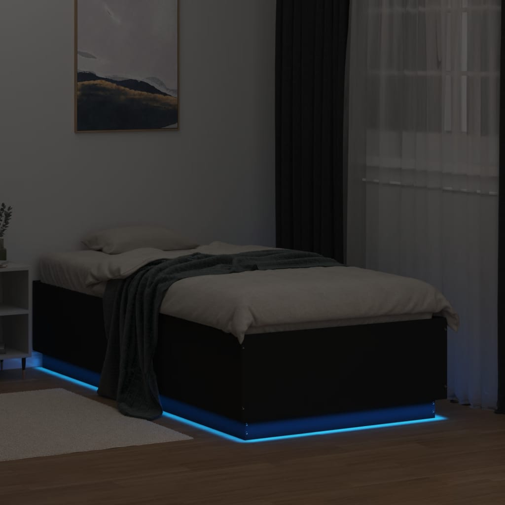 Sengeramme med LED-lys svart 90x190 cm konstruert tre