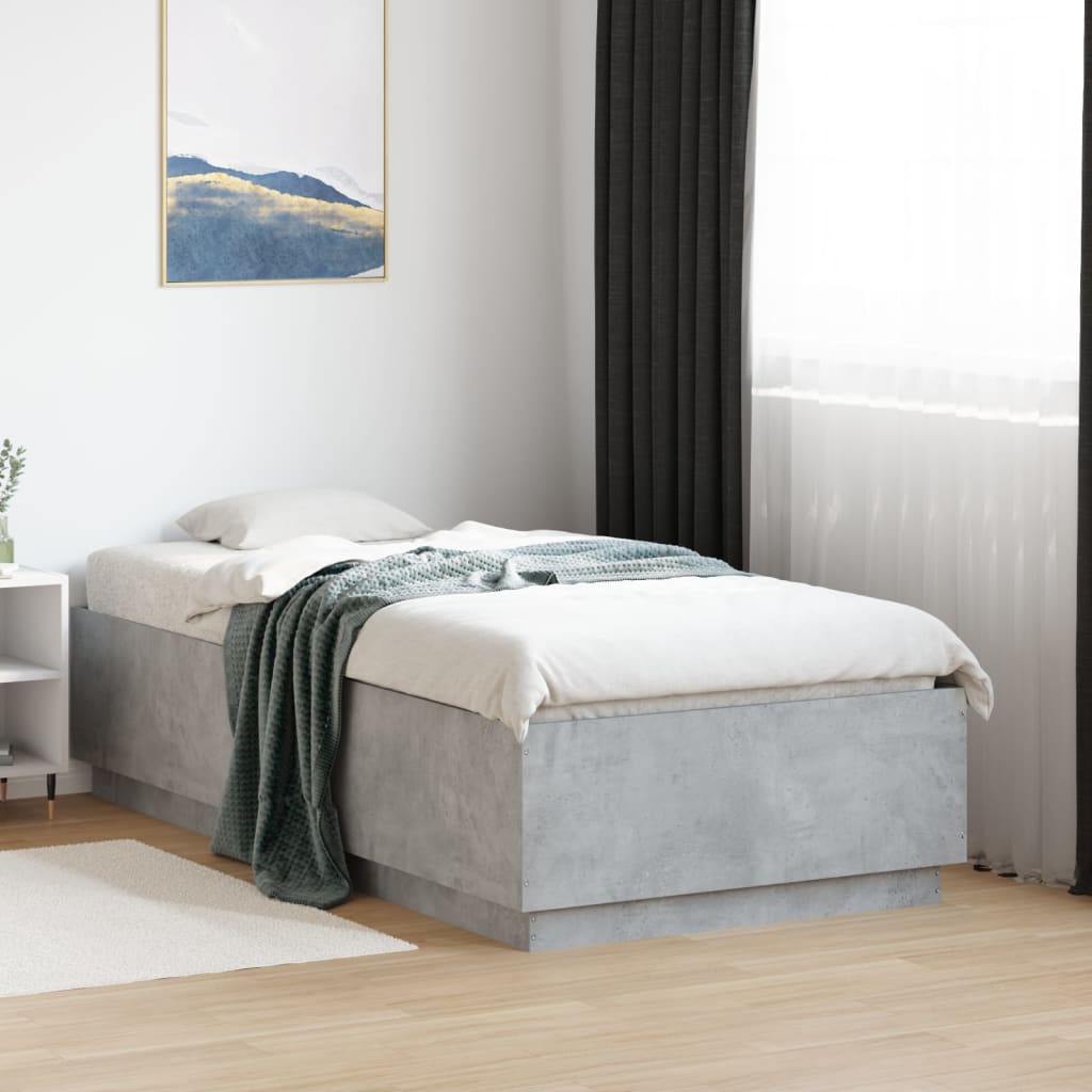 Sengeramme med LED-lys betonggrå 90x190 cm konstruert tre