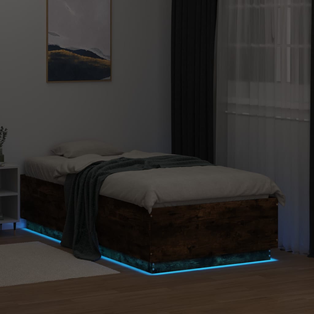 Sengeramme med LED-lys røkt eik 90x190 cm konstruert tre