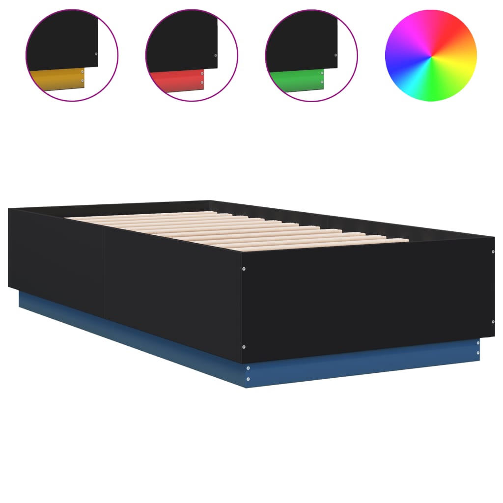 Sengeramme med LED-lys svart 75x190 cm konstruert tre