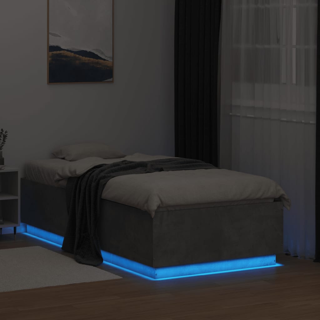 Sengeramme med LED-lys betonggrå 75x190 cm konstruert tre
