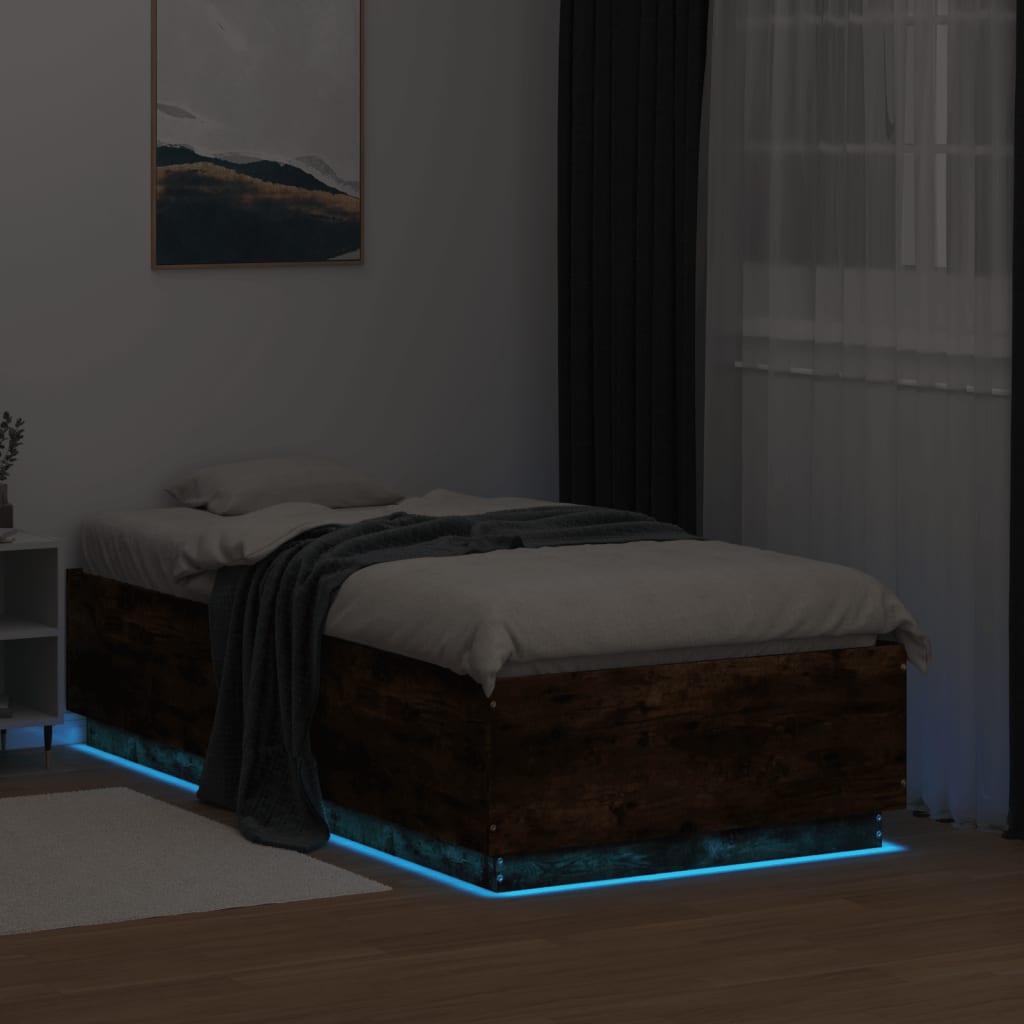 Sengeramme med LED-lys røkt eik 75x190 cm konstruert tre
