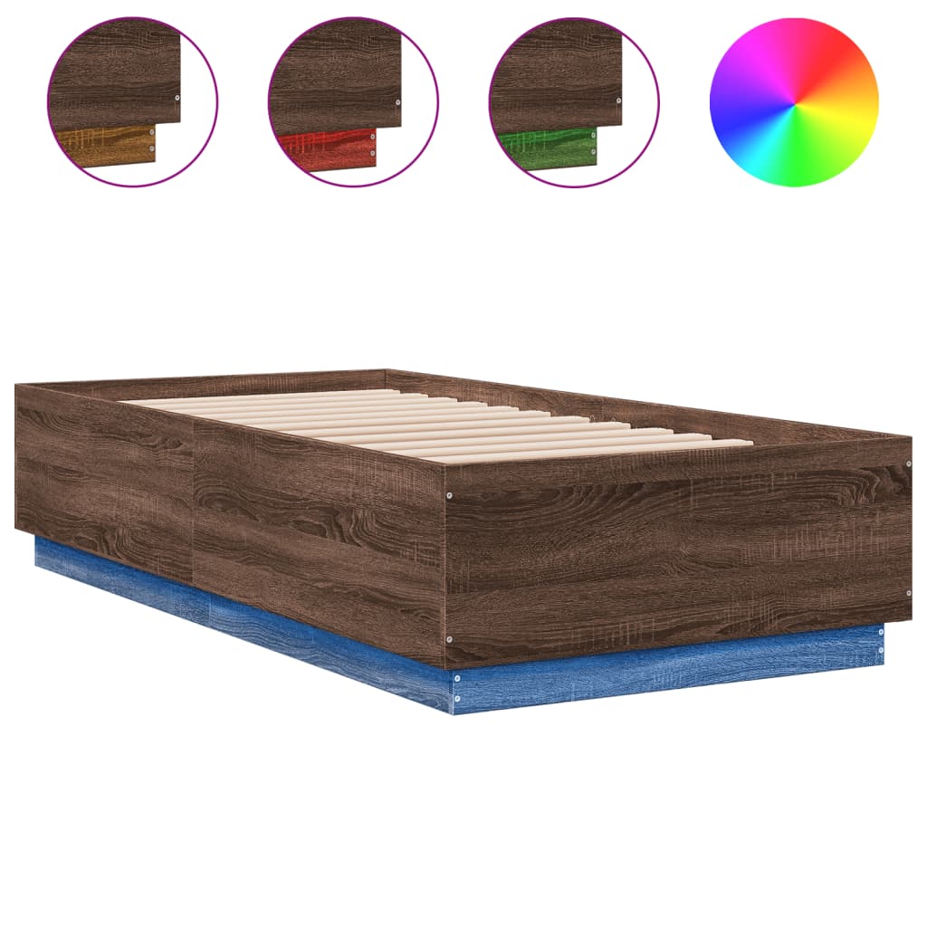 Sengeramme med LED-lys brun eik 75x190 cm konstruert tre