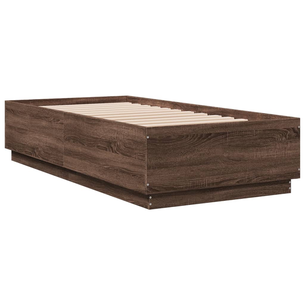 Sengeramme med LED-lys brun eik 75x190 cm konstruert tre