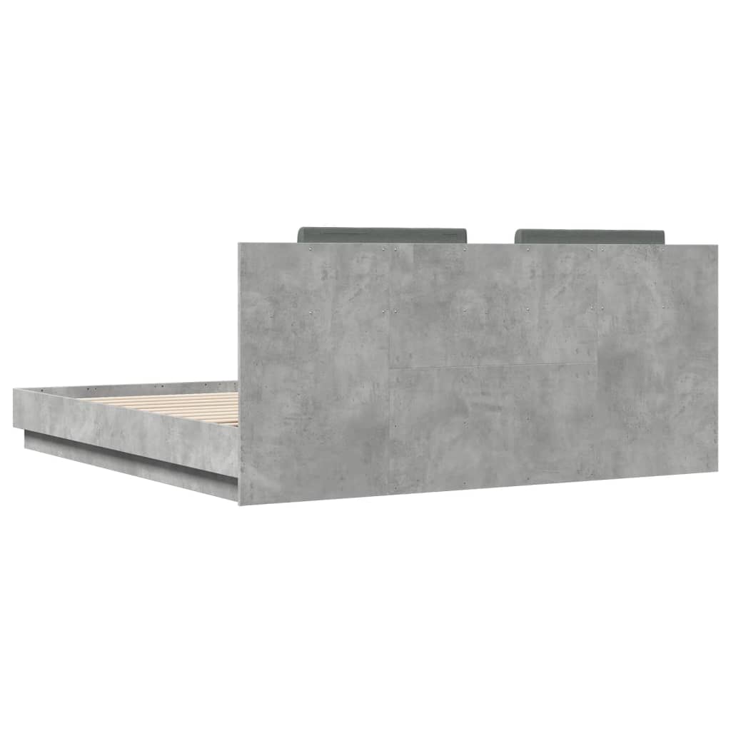 Sengeramme med hodegavl og LED-lys betonggrå 200x200 cm