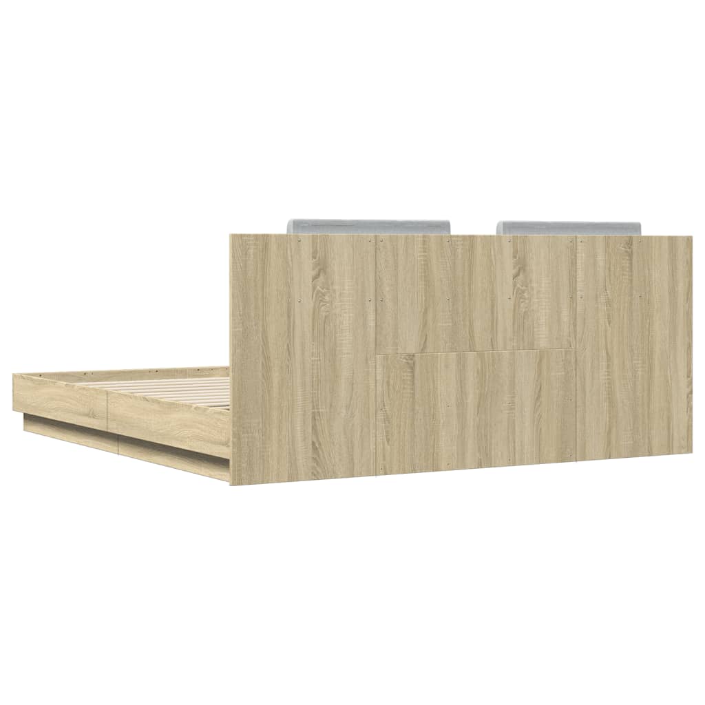 Sengeramme med hodegavl og LED-lys sonoma eik 180x200 cm