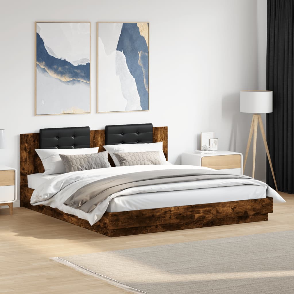 Sengeramme med hodegavl og LED-lys røkt eik 180x200 cm