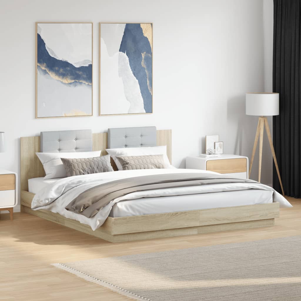 Sengeramme med hodegavl og LED-lys sonoma eik 160x200 cm