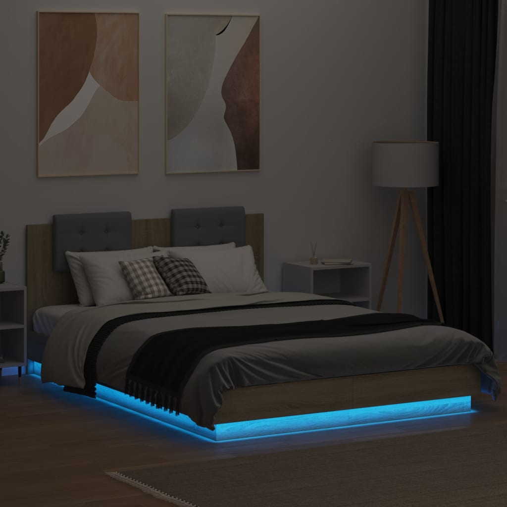 Sengeramme med hodegavl og LED-lys sonoma eik 120x200 cm